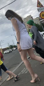 Tall Milf on High Heels in a Short Dress on the Crosswalk - Perfect Legs Creepshots