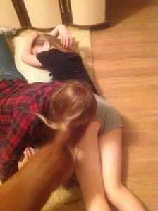 Skinny Girl in Mini Shorts Asleep on the Floor at the Party Creepshot