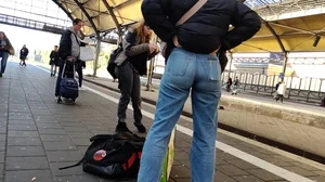 Tight Jeans at the Trainstation + Bending Over