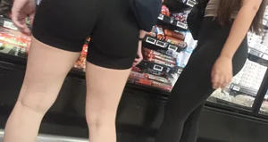 Two fitness girls  in black shorts and leggings in the supermarket [OC]