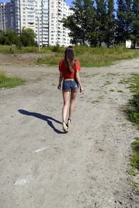 Skinny Teen in Mini-Shorts and on Heels Suburban Candid