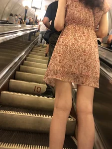 Thin Long Legs and Feet in Sandals - a Skinny Candid Girl on a Subway Escalator Creepshots