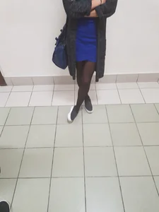 Blonde College Girl's Legs in Black Pantyhose - Short Blue Dress Creepshots