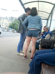 Chubby Milf at the Bus Stop in Denim Mini Shorts