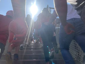 Bunch of girls in various outfits at a Cardinals baseball game