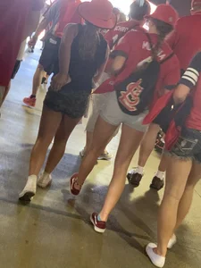 Bunch of girls in various outfits at a Cardinals baseball game