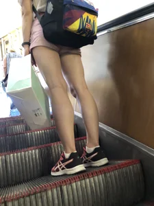 Skinny Teen with Thin Muscular Legs Subway Escalator Candid