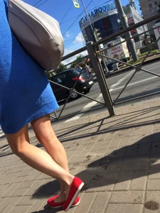 Milf With Sexy Thin Legs in a Blue Dress And Red Flats Street Creepshots
