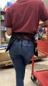 Hot warehouse girls in tight blue jeans with stuff in their back pockets