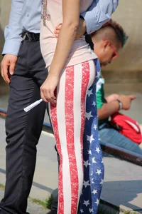 Girl With Great Body in American Flag Themed Tights on the Street Hot Candid Photos Gallery