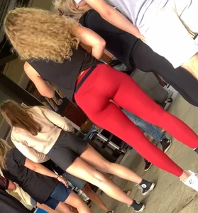 Curly Blonde Hair College Girl in Tight Red Leggings (OC)