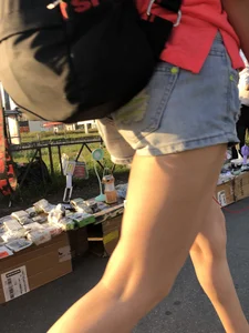Girl with Great Legs in Denim Shorts Street Candid Photos