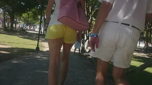 Milf in yellow shorts with vpl and a wedgie