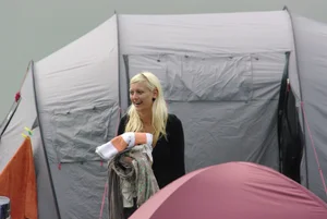Blonde babe changing into and out of bikini and shows her tits