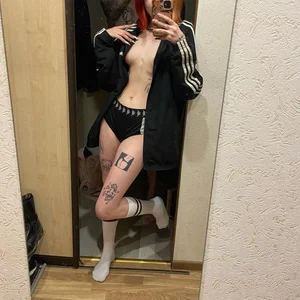 Topless Tattooed Girl in Panties and White Socks Mirror Selfie