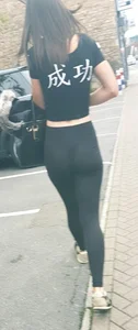 Sexy skinny brunette teen in see thru leggings with a black thong on