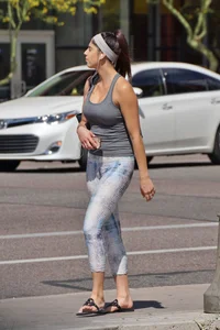Flat ass brunette walking in leggings with big boobs