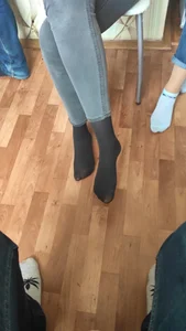 Cute Legs in Tight Jeans and Black Nylon Socks College Candid Closeup