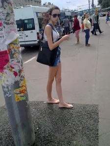 Skinny Girl in Sunglasses and Flats on the Bus Stop Candid Pic