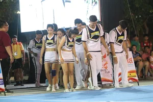 Bunch of athletic Thai cheerleaders at a competition