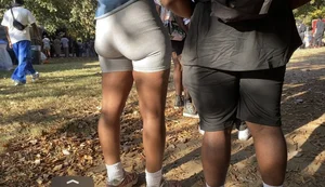 Tight ass in gray leggings bodysuit
