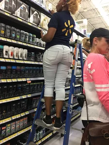 Walmart ebony employee in white jeans with a nice ass