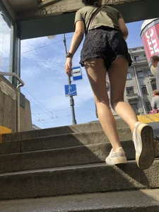 Candid Girl in Mini Shorts With Skinny Hot Legs and Booty Walking Up the Stairs Creepshots Gallery