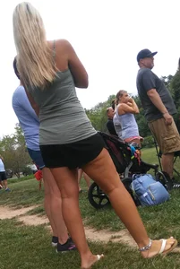 Blonde Candid Milf in Shorts and Sandals in a Park Creepshots Gallery
