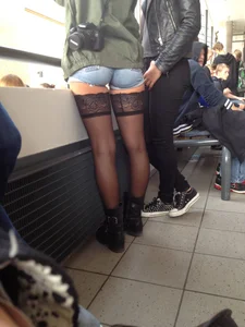 Candid Girl in Stockings and Denim Mini Shorts Ass Closeup