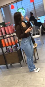 jean round booty latina coed at starbucks line