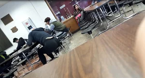 Female College Student in Tights Sleeping on Top of Desk Creepshots