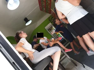 Skinny candid teen in short grey tights