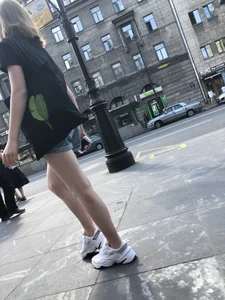 Candid Teen in Denim Shorts And Sneakers With Slim Legs Street Photos