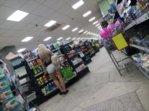 Grocery store blonde with a nice ass in tight white shorts