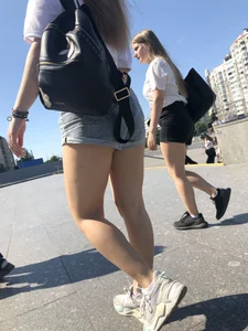 Stocky Girls in Denim Shorts on the Street Stairs Nice Legs Candid Photos