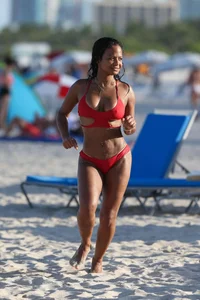 Christina Milian in red bikini in Miami with hard nipples