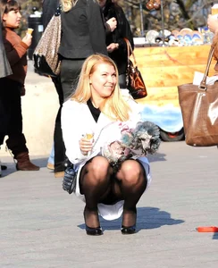 Dog lady upskirted with stockings on