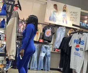 Thick mesmerizing ebony in a tight blue one piece