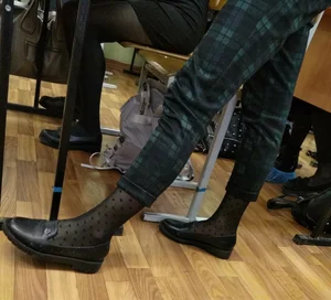 Teen Legs in Checkered Pants and Black Pointed Pantyhose Classroom Creepshot