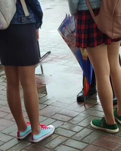 Cute Teens in Skirts and Pantyhose Street Candid