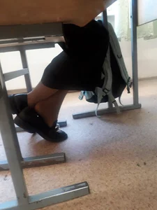 College candid teens' flats under desk, dangle creepshots