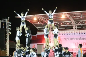 Bunch of athletic Thai cheerleaders at a competition
