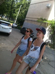 Candid Teen Girls in Denim Shorts Street Pic, One With Her Bra Visible From Under Her T-Shirt