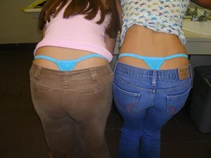 Two Candid Girls In Blue Whale Tail Strings Bending Over Creepshot