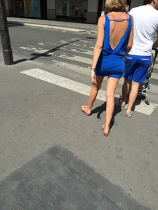Blonde milf in tiny blue skirt with vpl