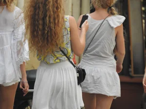 White see through skirt girl walking with white panties underneath
