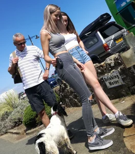 Skinny Teens in Tight Jeans and Mini Shorts With a Dog Park Candid Photos