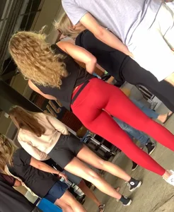 Curly Blonde Hair College Girl in Tight Red Leggings (OC)