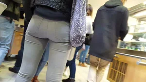 College girls with nice asses getting food in tight jeans and leggings