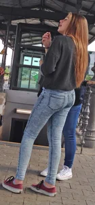 Sexy candid ginger girl wearing tight blue jeans street creepshots